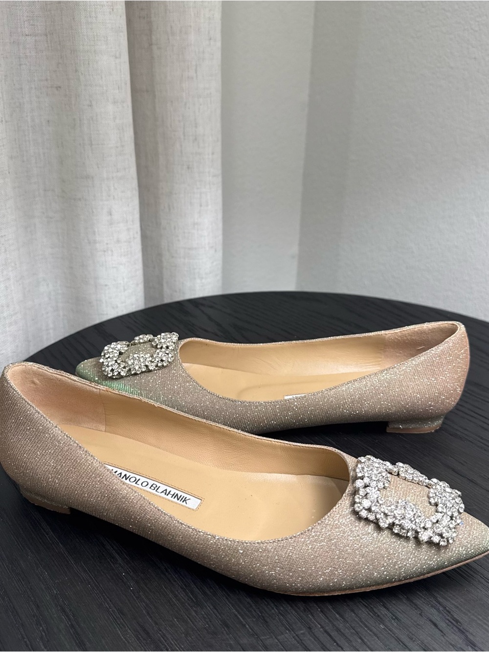 Manolo Blahnik Hangisi Metallic Fabric Buckle Flats Gold Iridescent 38